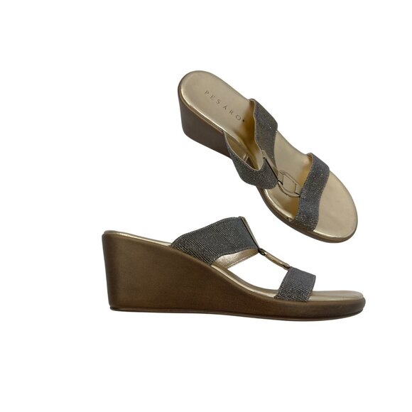 Pesaro Women Gold Wedge Sandals Double Sparkly Strap Design Ring Accent Size 11 - Picture 10 of 15